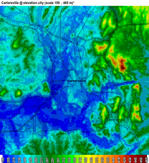 Zoom OUT 2x Cartersville, United States elevation map