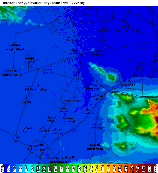 Zoom OUT 2x Dorcheh Pīāz, Iran elevation map