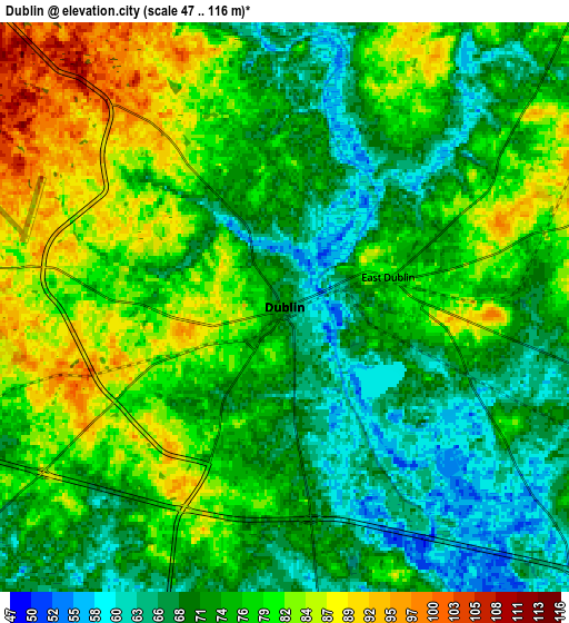 Zoom OUT 2x Dublin, United States elevation map