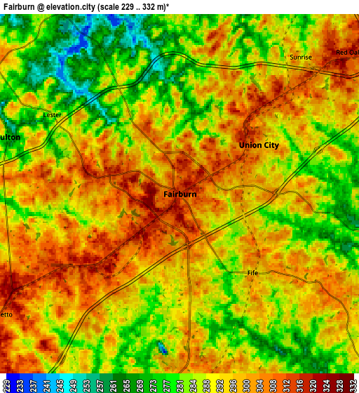 Zoom OUT 2x Fairburn, United States elevation map