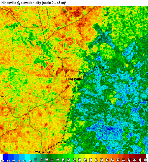 Zoom OUT 2x Hinesville, United States elevation map