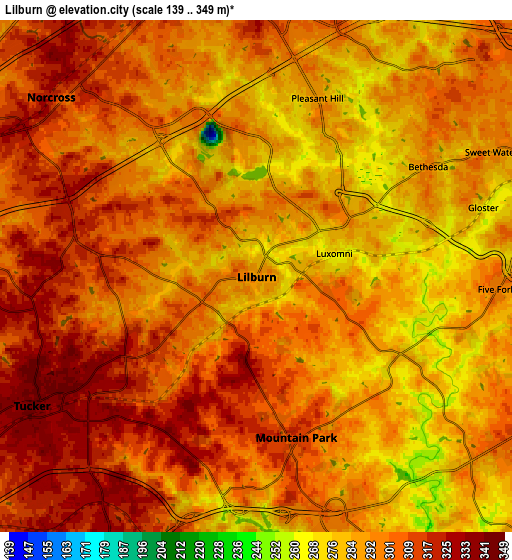 Zoom OUT 2x Lilburn, United States elevation map