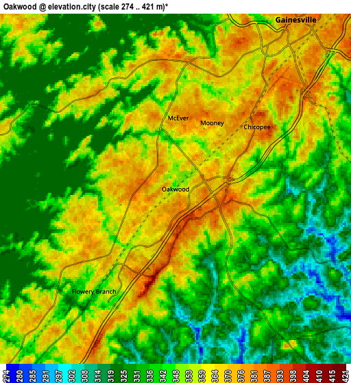 Zoom OUT 2x Oakwood, United States elevation map