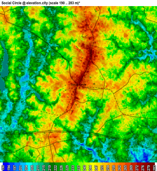 Zoom OUT 2x Social Circle, United States elevation map