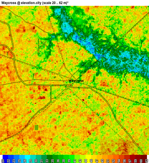 Zoom OUT 2x Waycross, United States elevation map