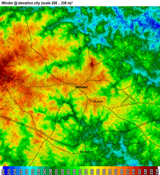 Zoom OUT 2x Winder, United States elevation map