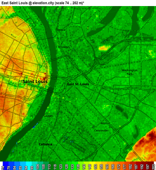 Zoom OUT 2x East Saint Louis, United States elevation map