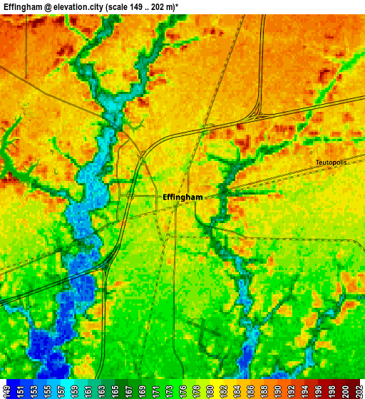 Zoom OUT 2x Effingham, United States elevation map