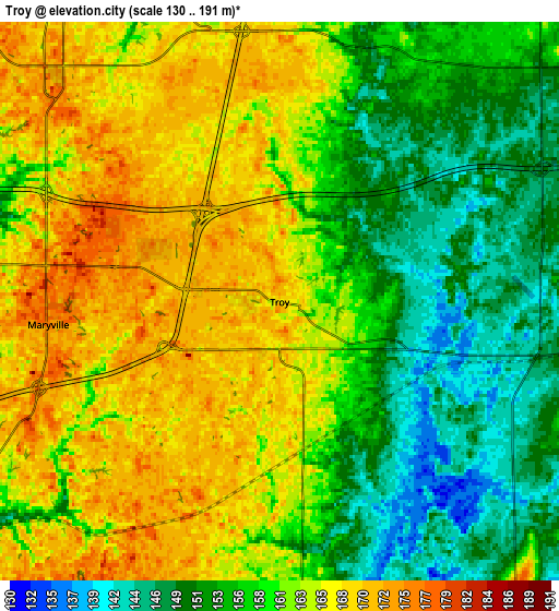 Zoom OUT 2x Troy, United States elevation map