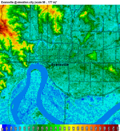 Zoom OUT 2x Evansville, United States elevation map
