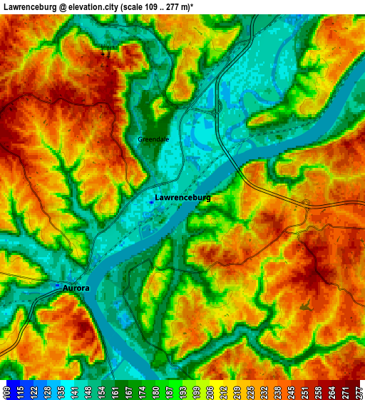 Zoom OUT 2x Lawrenceburg, United States elevation map