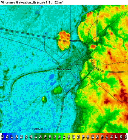 Zoom OUT 2x Vincennes, United States elevation map