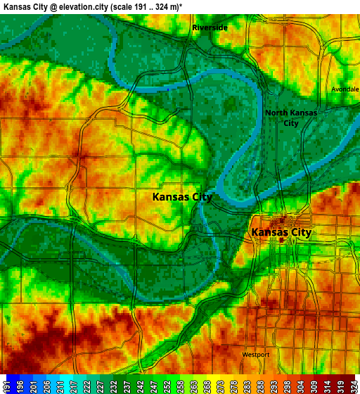 Zoom OUT 2x Kansas City, United States elevation map
