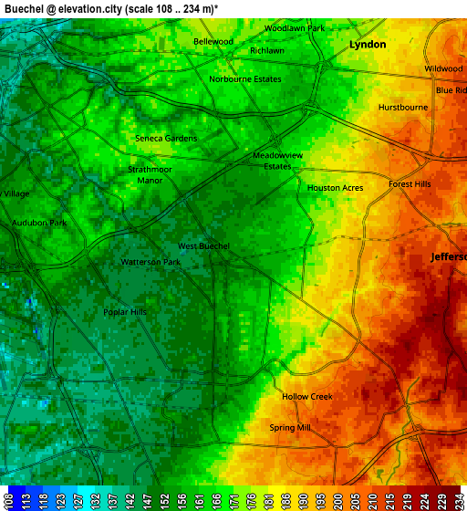 Zoom OUT 2x Buechel, United States elevation map