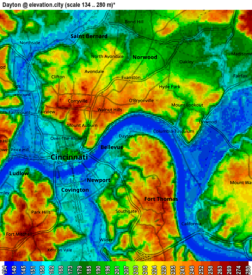 Zoom OUT 2x Dayton, United States elevation map