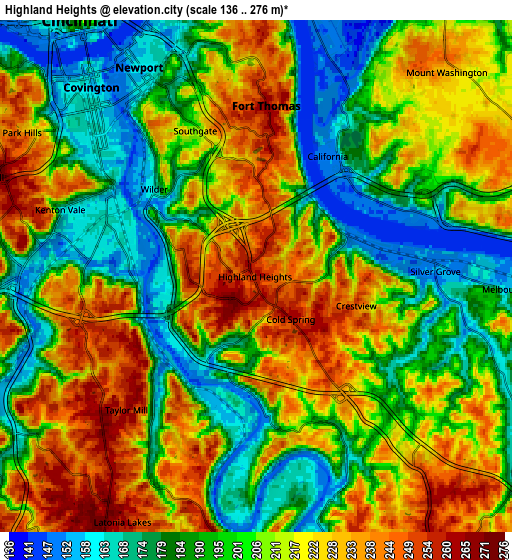 Zoom OUT 2x Highland Heights, United States elevation map