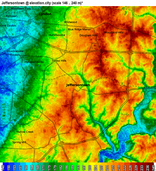 Zoom OUT 2x Jeffersontown, United States elevation map