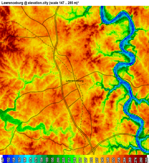 Zoom OUT 2x Lawrenceburg, United States elevation map