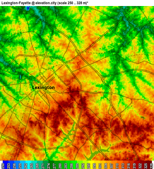 Zoom OUT 2x Lexington-Fayette, United States elevation map