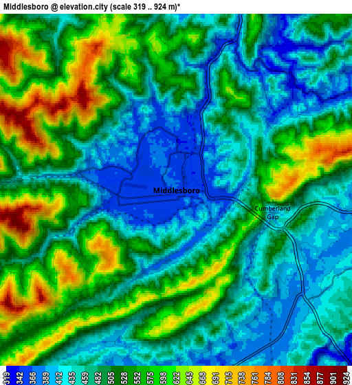 Zoom OUT 2x Middlesboro, United States elevation map