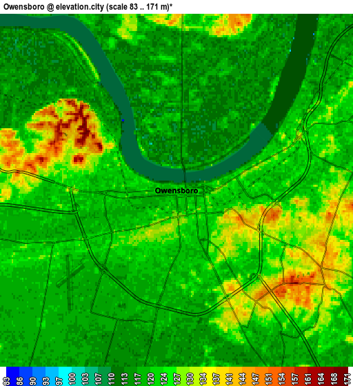 Zoom OUT 2x Owensboro, United States elevation map