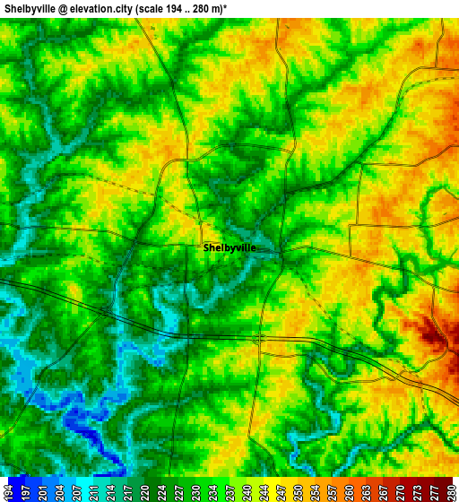 Zoom OUT 2x Shelbyville, United States elevation map