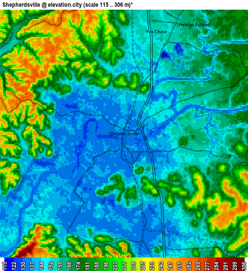 Zoom OUT 2x Shepherdsville, United States elevation map