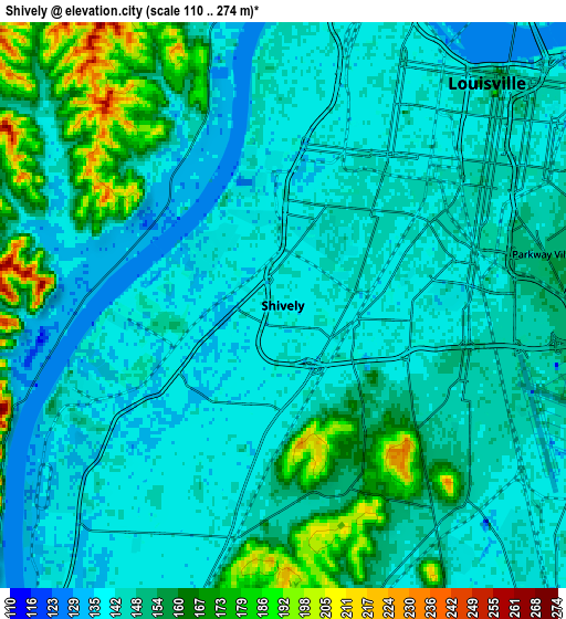 Zoom OUT 2x Shively, United States elevation map