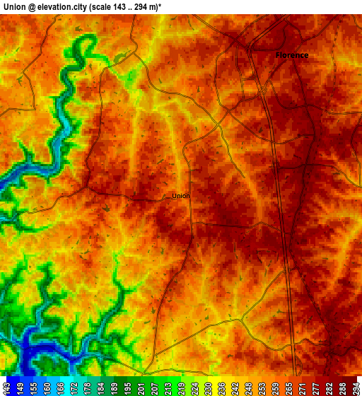 Zoom OUT 2x Union, United States elevation map