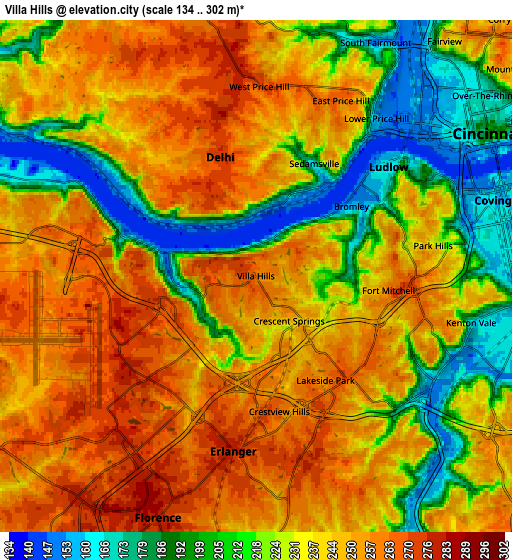 Zoom OUT 2x Villa Hills, United States elevation map