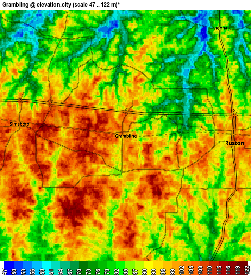 Zoom OUT 2x Grambling, United States elevation map