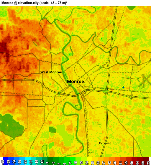 Zoom OUT 2x Monroe, United States elevation map
