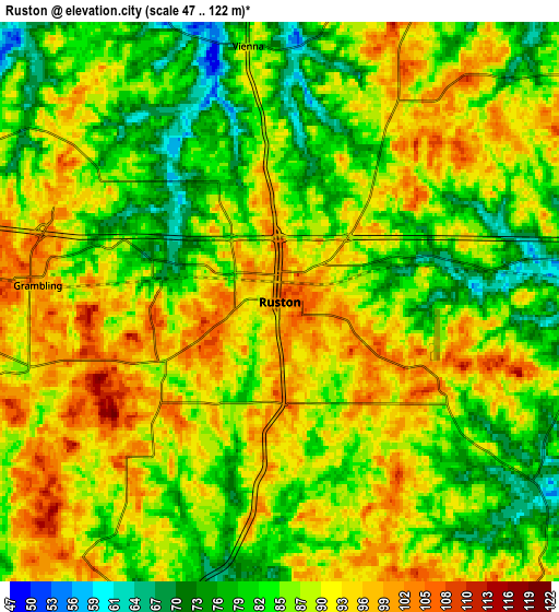 Zoom OUT 2x Ruston, United States elevation map