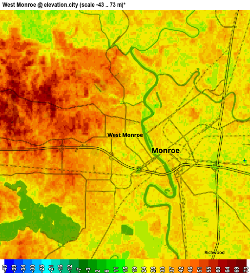 Zoom OUT 2x West Monroe, United States elevation map