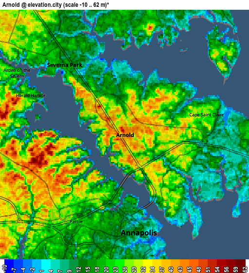 Zoom OUT 2x Arnold, United States elevation map