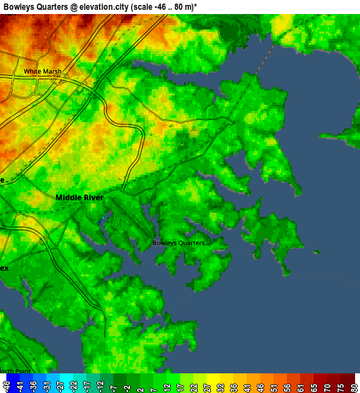 Zoom OUT 2x Bowleys Quarters, United States elevation map