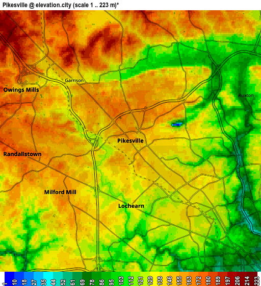 Zoom OUT 2x Pikesville, United States elevation map