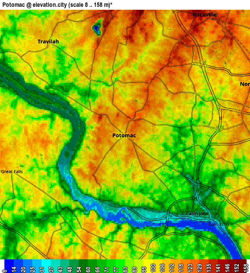 Zoom OUT 2x Potomac, United States elevation map