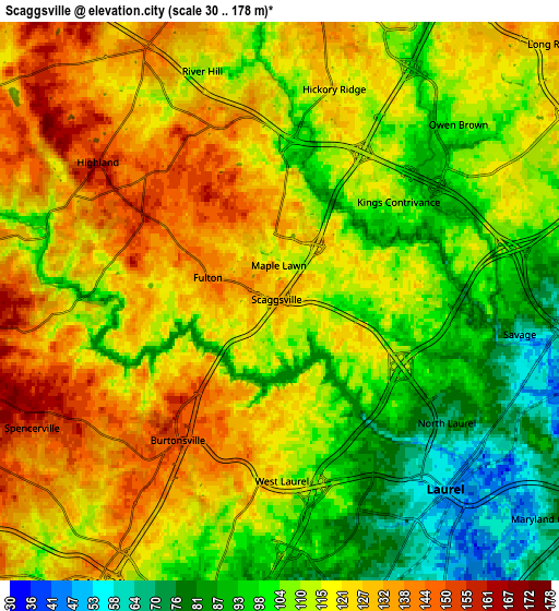 Zoom OUT 2x Scaggsville, United States elevation map