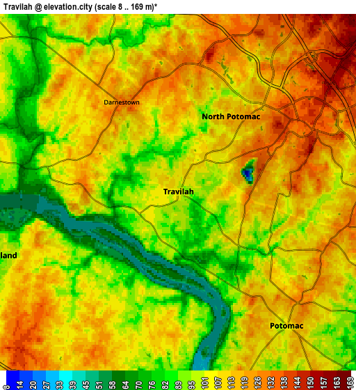 Zoom OUT 2x Travilah, United States elevation map