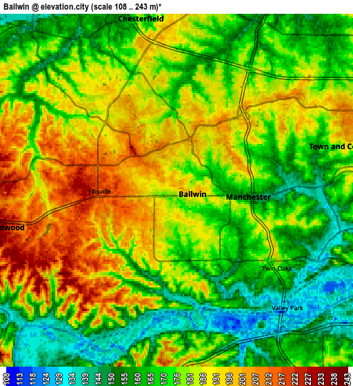 Zoom OUT 2x Ballwin, United States elevation map