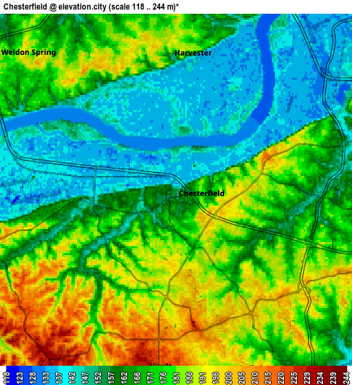 Zoom OUT 2x Chesterfield, United States elevation map