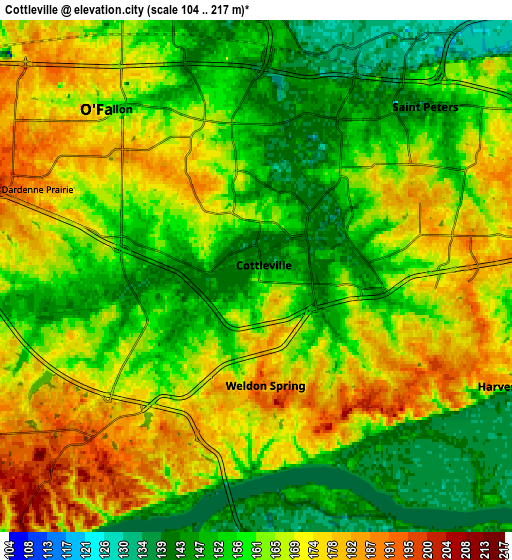 Zoom OUT 2x Cottleville, United States elevation map