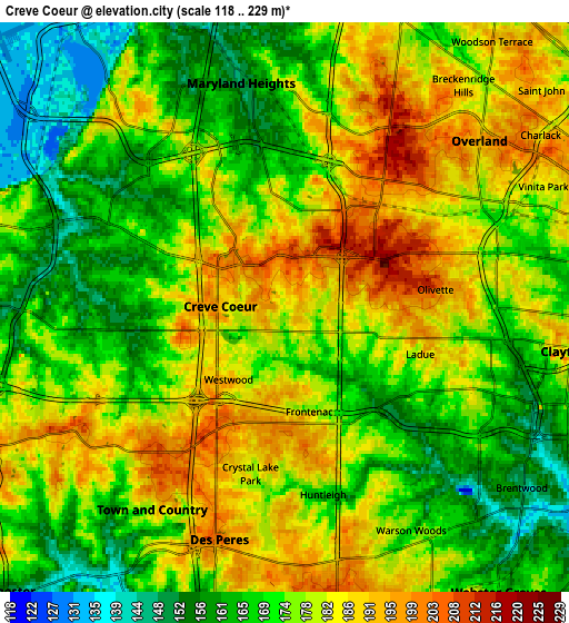 Zoom OUT 2x Creve Coeur, United States elevation map