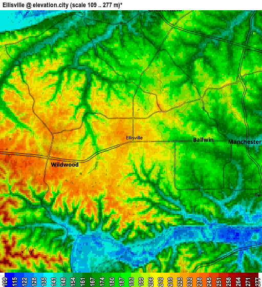 Zoom OUT 2x Ellisville, United States elevation map