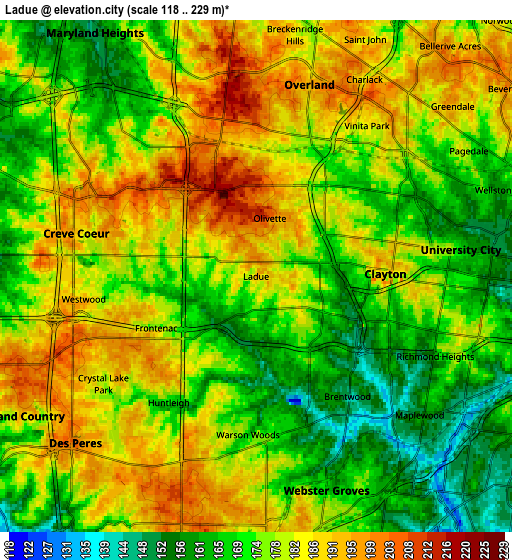 Zoom OUT 2x Ladue, United States elevation map