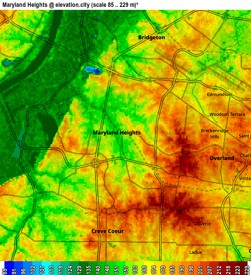 Zoom OUT 2x Maryland Heights, United States elevation map