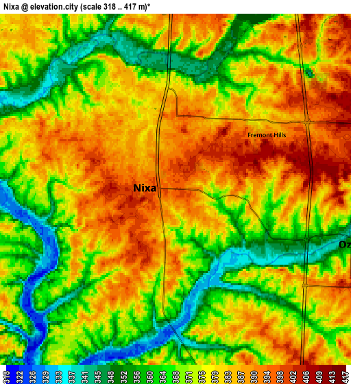 Zoom OUT 2x Nixa, United States elevation map