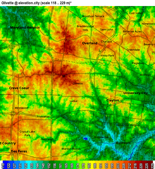 Zoom OUT 2x Olivette, United States elevation map