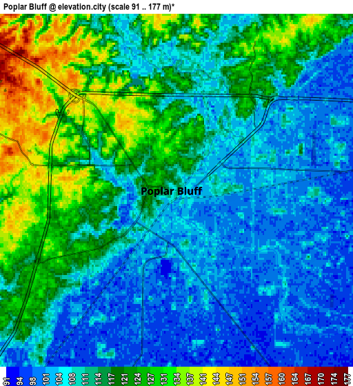 Zoom OUT 2x Poplar Bluff, United States elevation map